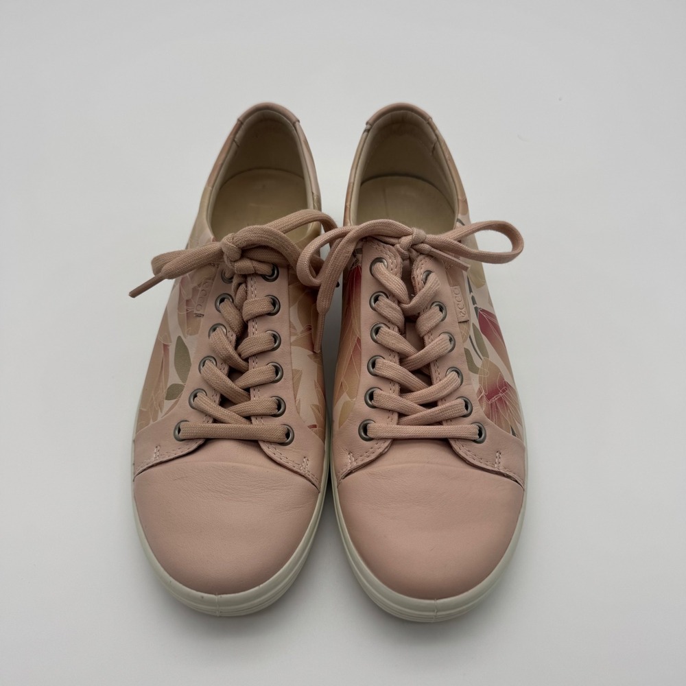 ECCO‎ Soft 7 Rose Dust Pink Floral Leather Sneakers Womens Low Top Lace Up Shoes